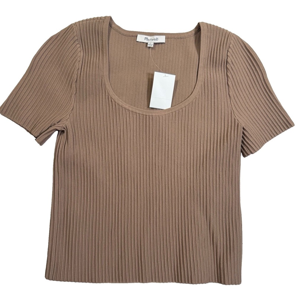 Madewell Ribbed Scoop Neck Top Women Size S Tan NWT NL209 Short Sleeve Slim Fit